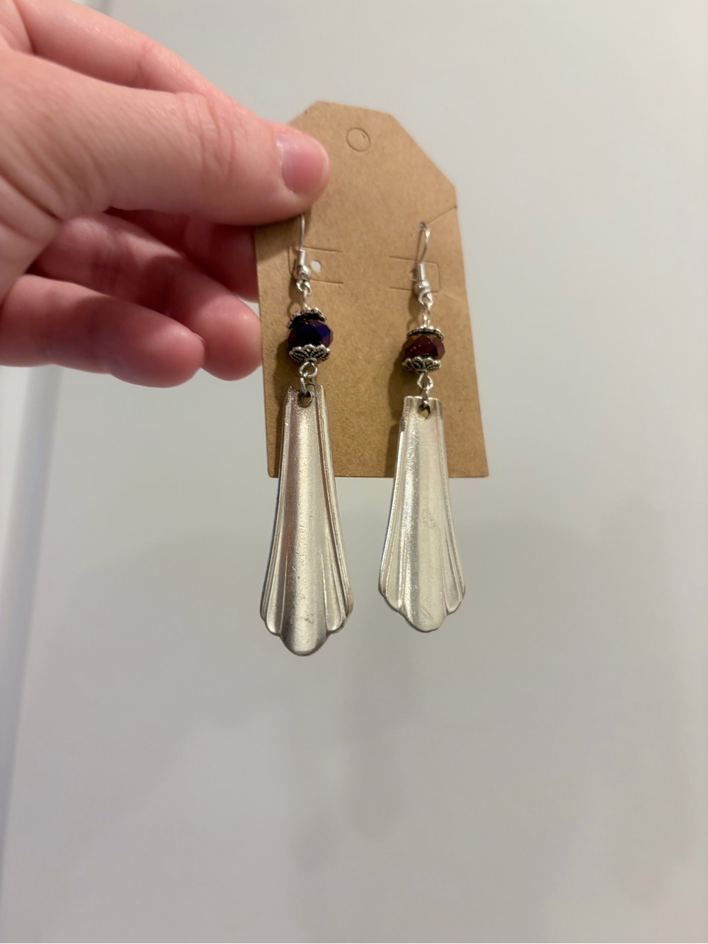 Silver spoon handle earrings with dark Purple Accent Bead - Women Jewelry